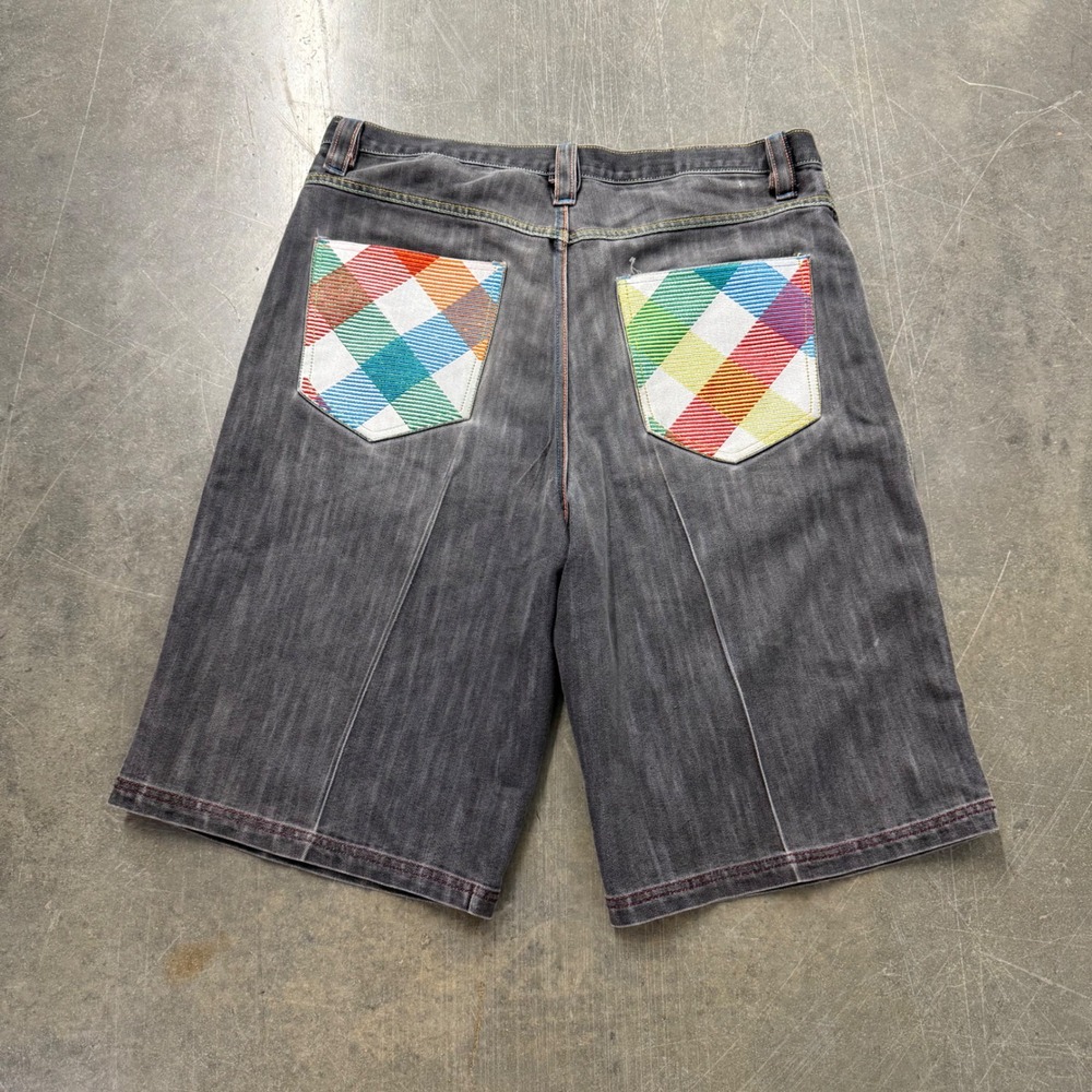 Vintage Coogi Australia Y2K Baggy Denim Shorts Black Rainbow Stitch Mens 38